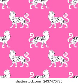 Modern seamless pattern with white spotted leopards on a pink background for textile, fabric, wallpaper, wrapping.