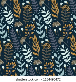 Modern seamless pattern with wild floral elements. Hand drawn flowers, herbs and leaves. Vector wallpaper.