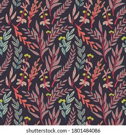 Modern seamless pattern with wild floral elements. flowers, herbs and leaves. Vector wallpaper.