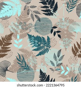 Modern seamless pattern with wild floral elements. Hand drawn herbs and leaves. Vector wallpaper.