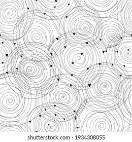 Modern seamless patterns with black doodle spiral circles and small dots on a white background. Vector illustration.