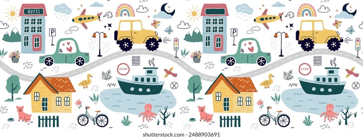 un patrón moderno sin costuras, con coches dibujados a mano, señales, carreteras, un árbol. Un elemento de dibujos animados aislado sobre un fondo blanco. para impresión, niños, papel, impresión. Ilustración vectorial en el estilo de tendencia