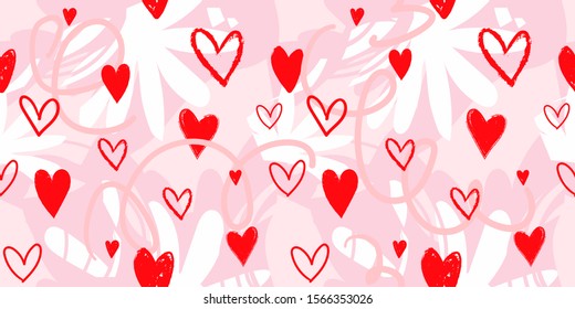 Modern seamless pink and red pattern with hearts for wedding, valentines day, birthday. Love. Ornament for postcards, wallpapers, wrapping paper, hobbies. Flat stock vector.