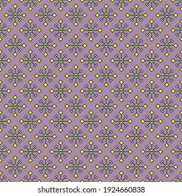 Modern seamless print of abstract geometric shapes. Diagonal pattern of snowflakes, yellow and green squares on a mauve background. For the manufacture of modern, beautiful and quality products.