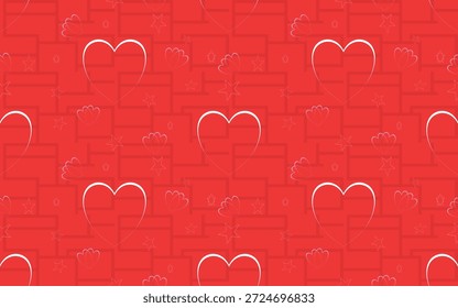 Modelo rojo inconsútil moderno del Vector del corazón con el fondo geométrico. Diseño de repetición romántico limpio perfecto para telas, textiles, Fondos de pantalla, empaques, proyectos de San Valentín y fondos decorativos. Vector sin costuras de alta calidad.