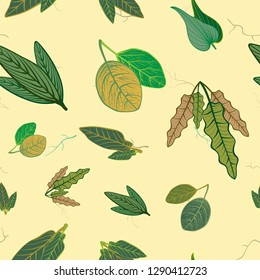 Modern seamless repeating leaf pattern design, over coloured branches, on sand yellow background -Vector.