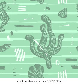 Modern seamless sea pattern. Abstract hand drawn background with brush strokes. Marine texture with coral, seashells. Perfectly look on fabric, wrapping, textile. Vector illustration