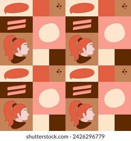 Modernes nahtloses quadratisches Muster mit einem Mädchen mit einem Pferdeschwanz. Ideal zum Einwickeln von Papier.