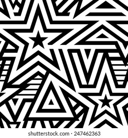 Modern Seamless Stars Background. Black and White Striped Vector Pattern. Mosaic of Linears