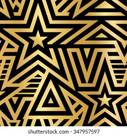 Modern Seamless Stars Background. Gold and White Striped Vector Pattern. Linear Mosaic . Metallic Flash Tattoo Item