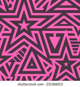 Modern seamless stars background. Pink on black vector pattern