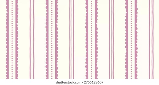 Modern seamless stripe pattern. Doodle scallop lace and irregular hand drawn lines. Soft pink color. Cute girly playful texture. Perfect for textile design, wallpaper, packaging background, scrapbook