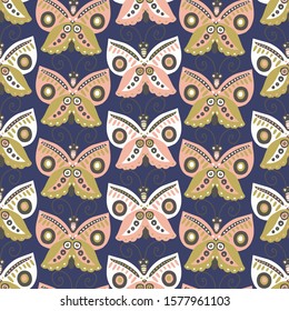 Modern seamless stylised design with abstract butterflies on blue background . Can be used for printing on paper, stickers, badges, bijouterie, cards, textiles. 