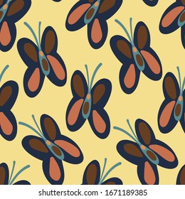 Modern seamless stylised design with abstract simple shape colorful butterflies on yellow background drawn by child. Can be used for printing on paper, stickers, badges, bijouterie, cards, textiles. 