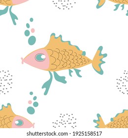 Modern seamless and stylish fish patterns in three colors isolated on white. For printing on textiles, fabrics, paper, decorative pillows, pajamas. Vector graphics.