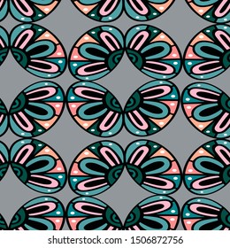 Modern seamless stylized design with abstract geometrical butterflies and flowers. Can be used for printing on paper, stickers, badges, bijouterie, cards, textiles. 