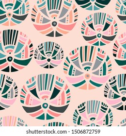 Modern seamless stylized design with abstract geometrical butterflies and flowers. Can be used for printing on paper, stickers, badges, bijouterie, cards, textiles. 