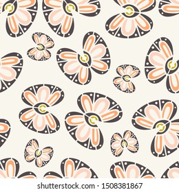 Modern seamless stylized design with abstract flowers. Can be used for printing on paper, stickers, badges, bijouterie, cards, textiles.