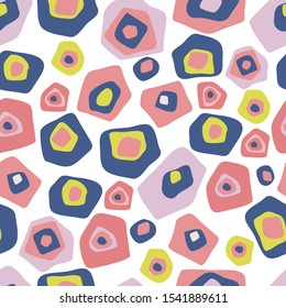 Modern seamless stylized design with abstract forms. Can be used for printing on paper, stickers, badges, bijouterie, cards, textiles. 