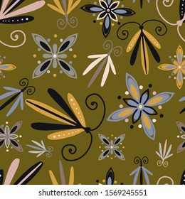 Modern seamless stylized design with abstract dragonflies and flowers. Can be used for printing on paper, stickers, badges, bijouterie, cards, textiles. 