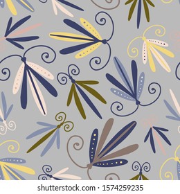 Modern seamless stylized design with abstract dragonflies and flowers. Can be used for printing on paper, stickers, badges, bijouterie, cards, textiles. 
