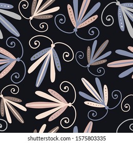 Modern seamless stylized design with abstract dragonflies and flowers. Can be used for printing on paper, stickers, badges, bijouterie, cards, textiles. 