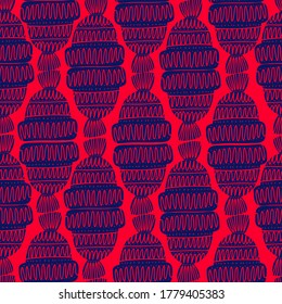 Modern seamless stylized design with abstract calligraphic lines in red and blue