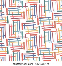 Modernes, nahtloses Design mit abstrakten, farbenfrohen, senkrechten Linien auf Weiß. Kann für den Druck auf Papier, Aufkleber, Abzeichen, Oberteil, Karten, Textilien verwendet werden. 