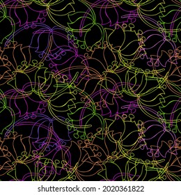 Modern seamless stylized design with abstract calligraphic lines in flower shapes on black. Can be used for printing on paper, textiles, backgrounds, wallpapers
