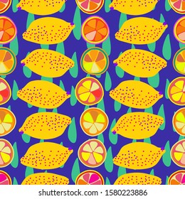 Modern seamless stylized design with citrus in pop-art style. Can be used for printing on paper, packaging, decorations, cards, textiles. 