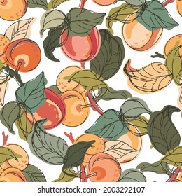 Modern seamless stylized design vector pattern with peaches and apricots on white background. Can be used for printing on paper, packaging, decorations, cards, textiles, wrapping paper. 