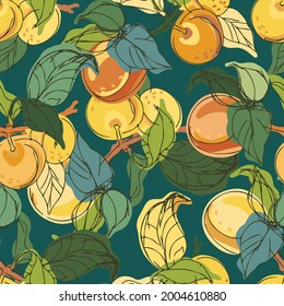 Modern seamless stylized design vector pattern with peaches and apricots on white background. Can be used for printing on paper, packaging, decorations, cards, textiles, wrapping paper. 