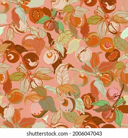 Modern seamless stylized design vector pattern with peaches and apricots on orange background. Can be used for printing on paper, packaging, decorations, cards, textiles, wrapping paper. 