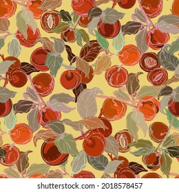 Modern seamless stylized design vector pattern with peaches and apricots on yellow background. Can be used for printing on paper, packaging, decorations, cards, textiles, wrapping paper. 