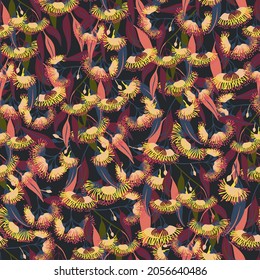 Modern seamless stylized design vector pattern with abstract colorful eucalyptus flowers. The design is perfect for wrapping paper, wallpaper, textiles, decorations.