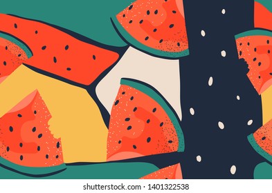 Modern seamless summer pattern. Creative collage with watermelons. Fashionable template for design.