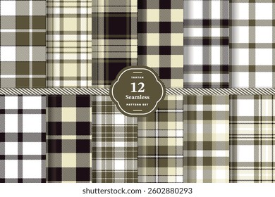 Modern Seamless Tartan featuring Cream Bisque and Soft Vanilla Fabric Design Set of 12