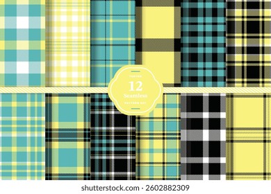 Modern Seamless Tartan featuring Metallic Gold and Sandy Beige Fabric Design Set of 12