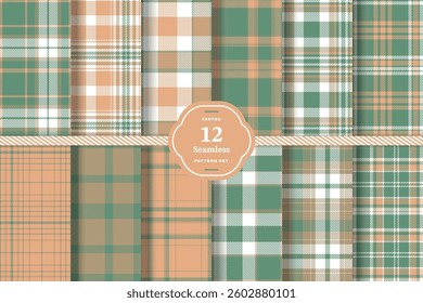 Modern Seamless Tartan featuring Rich Amber and Cream Bisque Fabric Design Set of 12