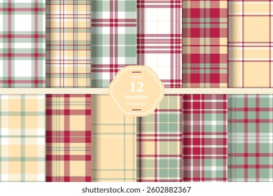 Modern Seamless Tartan featuring Soft Crimson and Dark Slate Fabric Design Set of 12