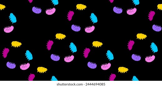 
Modern seamless textile pattern: bright multi-colored tardigrades on a black background. Vector illustration for fabric.