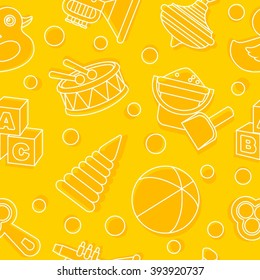Modern seamless toys flat linear pattern isolated on yellow background. Vector illustration.