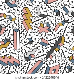 Modern seamless trendy pattern with geometric 3d shapes - repeatable colorful design. Creative stylish texture. Abstract retro background - fashion style 80-90s