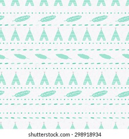 Modern seamless tribal ethnic background with geometric patterns, tepee and feathers