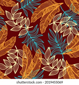 Modern seamless tropical pattern with bright plants and leaves on a red background.  Vector design. Jungle print. Floral background.  Beautiful print with hand drawn exotic plants.