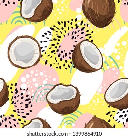 Modern seamless tropical pattern with coconut and abstract elements. Creative contemporary floral collage. Texture for textile, postcard, wrapping paper, packaging etc. Vector illustration.