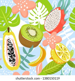 Moderno patrón tropical sin fisuras con frutas de dragón, kiwi, papaya, limón, banana, hojas tropicales y flores. Collage floral creativo. Ilustración vectorial.