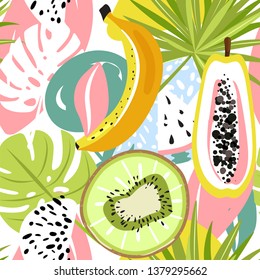 Modern seamless tropical pattern with kiwi, papaya, watermelon, banana and tropical leaves. Creative floral collage. Texture for textile, postcard, wrapping paper, packaging etc. Vector illustration.