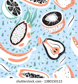 Modern seamless tropical pattern with kiwi, dragon fruit, papaya, lemon, pear and banana. Creative contemporary floral collage. Vector illustration.