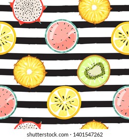 Modern seamless tropical pattern with slice of watermelon, dragon fruit, pineapple, kiwi and lemon. Fashion striped background. Texture for textile, wrapping paper, packaging etc. Vector illustration.